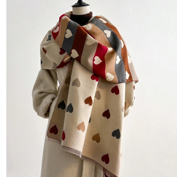 Cozy Hand Knit Heart Print Reversible Large Scarf - Picture 1 of 4